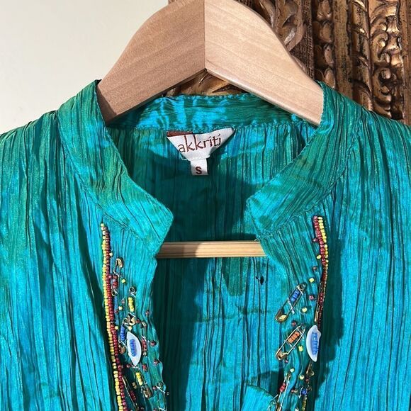 Women’s Indian Hand-Embroidered Kurti Tunic Top Size Small Teal Long - Picture 4 of 7